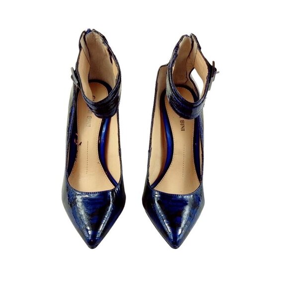 Ankle Strap Gianni Bini Stiletto Pump Patent Leather Navy Blue Embossed Shinny - Picture 4 of 11